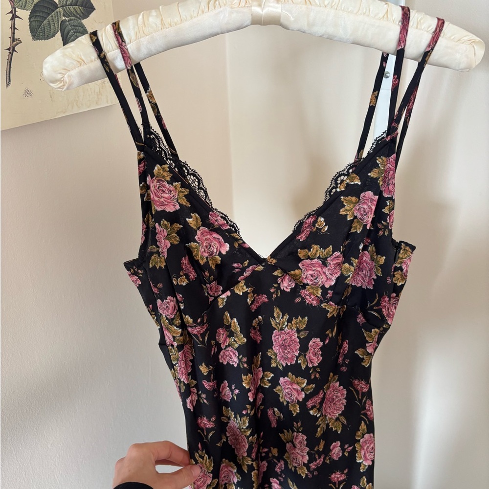Zara pink roses Slip Dress satin lingerie black lace maxi sexy double straps XS